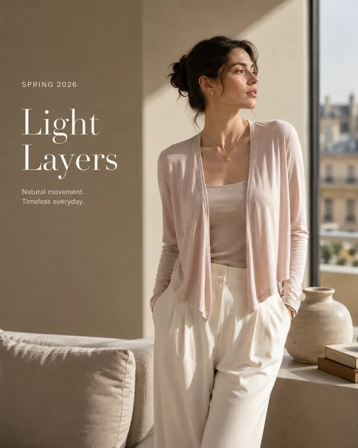 Komora — lookbook Light Layers przy oknie